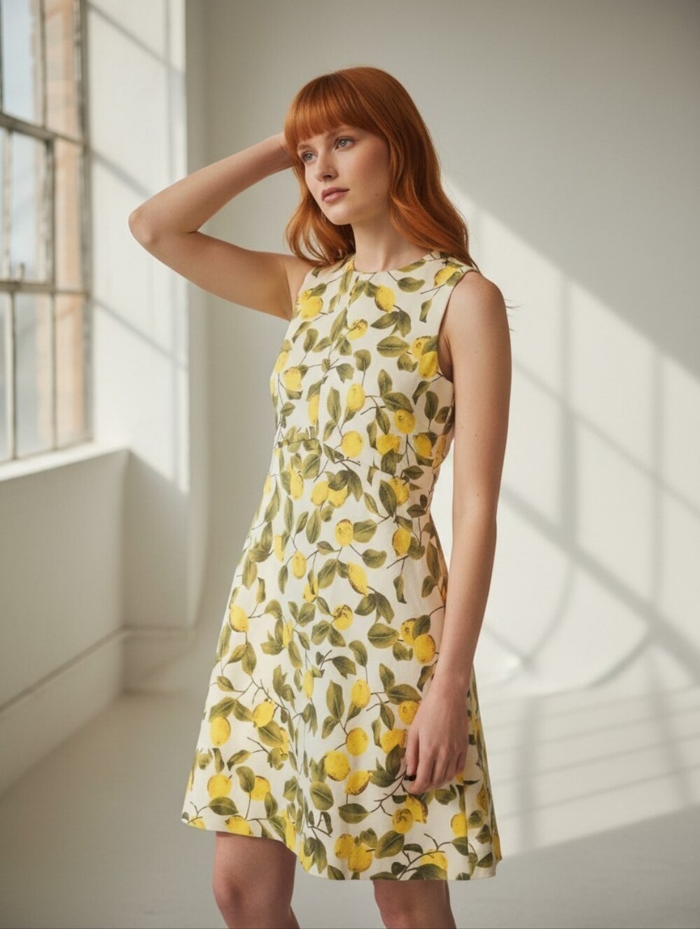 Zara White Sleeveless A-Line Dress with Yellow Lemon Print